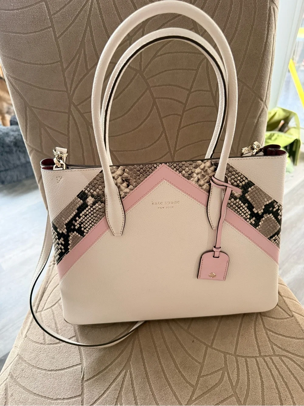 kate spade Cream and Pink Snake-Trim Tote